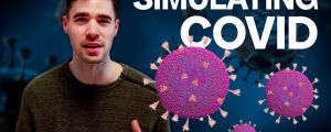 Marc Domingo besides a Coronavirus simulation with the text: "Simulating COVID"