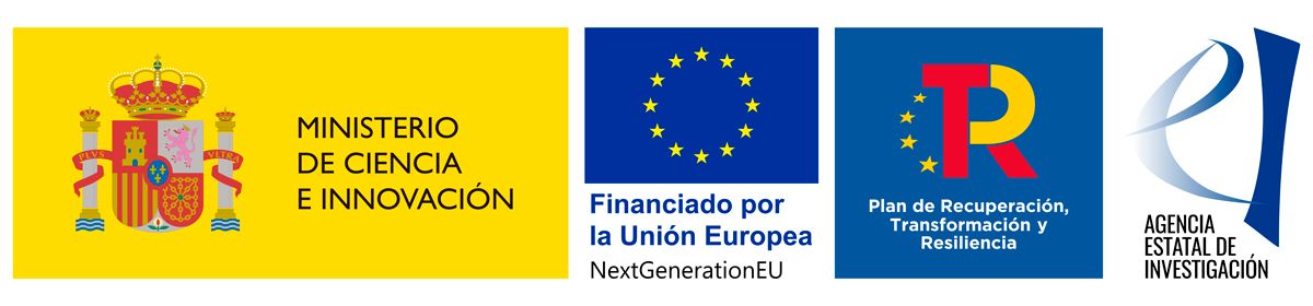 Logos for the Ministerio de Ciencia e Innovación, Financiado por la Unión Europea, Plan de Recuperación, Transformación y Resiliencia, Agencia Estatal de Investigación,