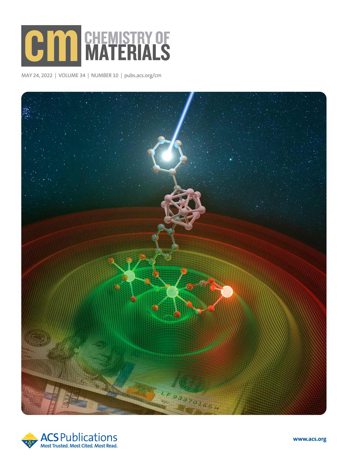 The cover specifically shows the vital role of icosahedral boron clusters-based ligands as a highly efficient “antenna” for lanthanides. Our carborane-based ligand servers as a chromophore to absorbs photons and then sensitize mixed Eu3+/Tb3+ metals. Energy transfer from Eu3+ to Tb3+ occurred after irradiation, which results in time-dependent color change (from green to orange to red with time going on; represented as colored waves in the cover) and spectroscopic bar-code variation that could be potentially used for anticounterfeiting (e.g., in bank notes)