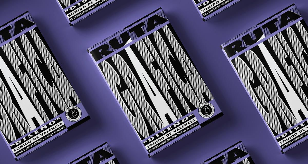A mock up of many copies of the book "Ruta gráfica. El diseño del sonido de Valencia"