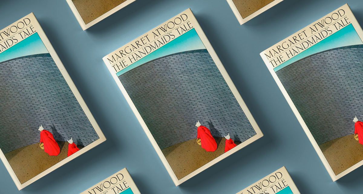 A mock up of many copies of the book "Handmaid's Tale"