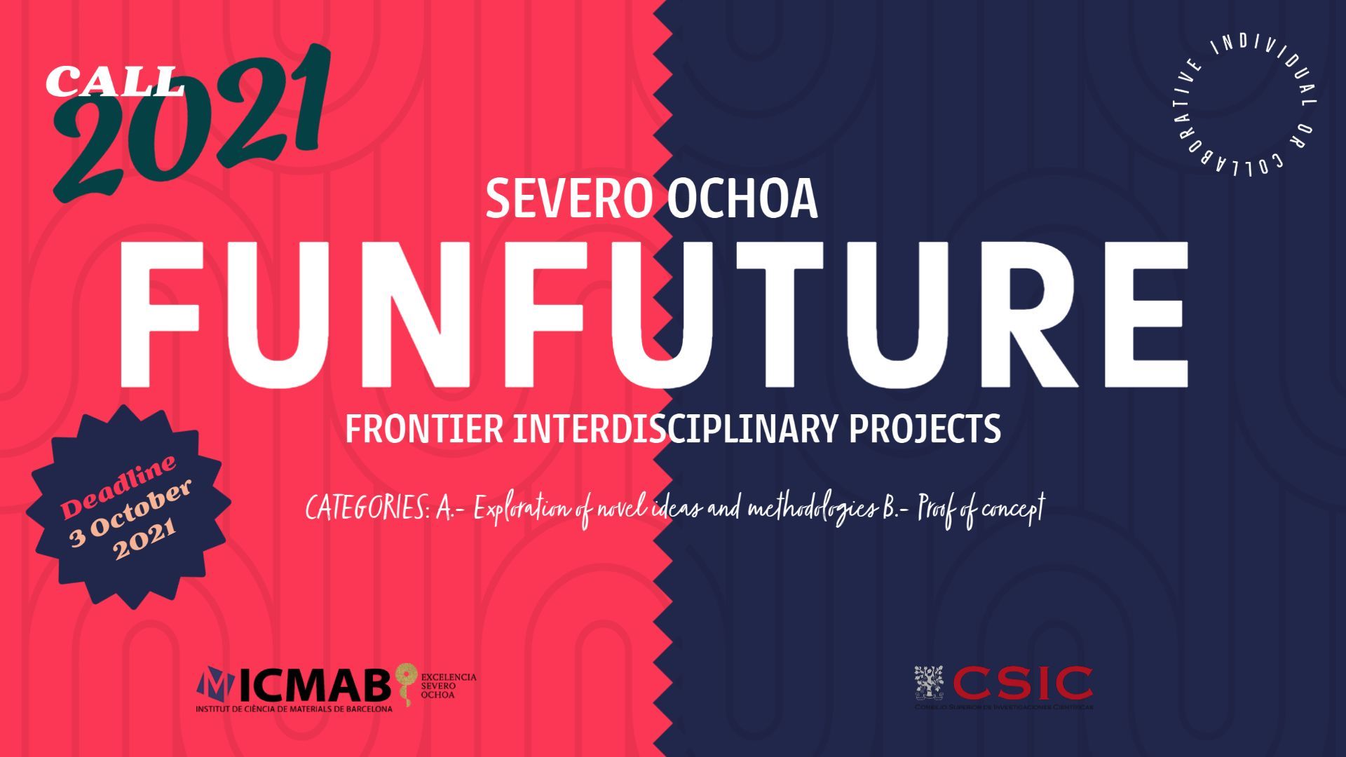 Banner for the FIP 2021, it reads: Frontier Interdisciplinary Projects, Severo Ochoa FUNFUTURE 2020-2023, 03 October 2021, Individual or collective, A: Exploration of novel ideas & methodologies, B: Proof-of-Concept