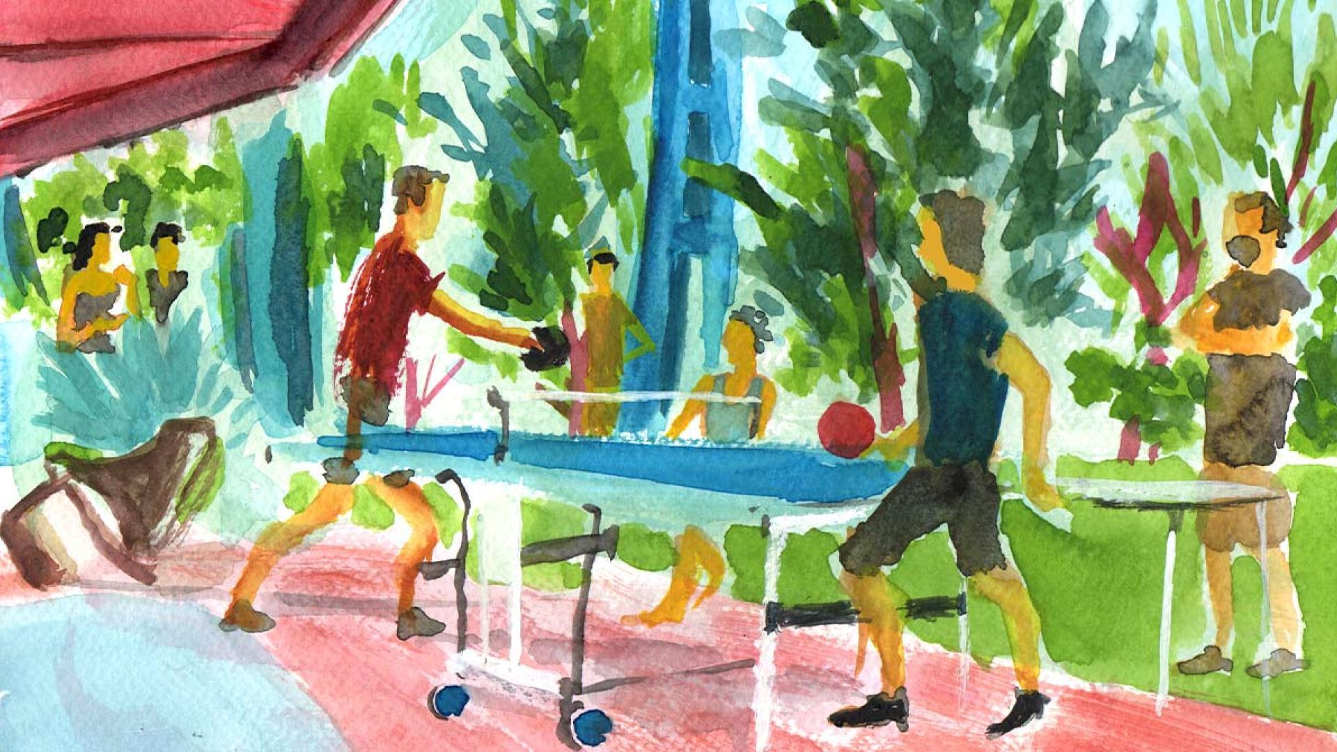 Watercolor sketch of the Table Tennis Tournament by Alejandro Santos